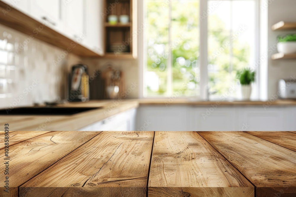 Rustic Wooden Kitchen Counter with Modern Shelves and Kitchenware Rustic Wooden Kitchen Counter with Modern Shelves and Kitchenware