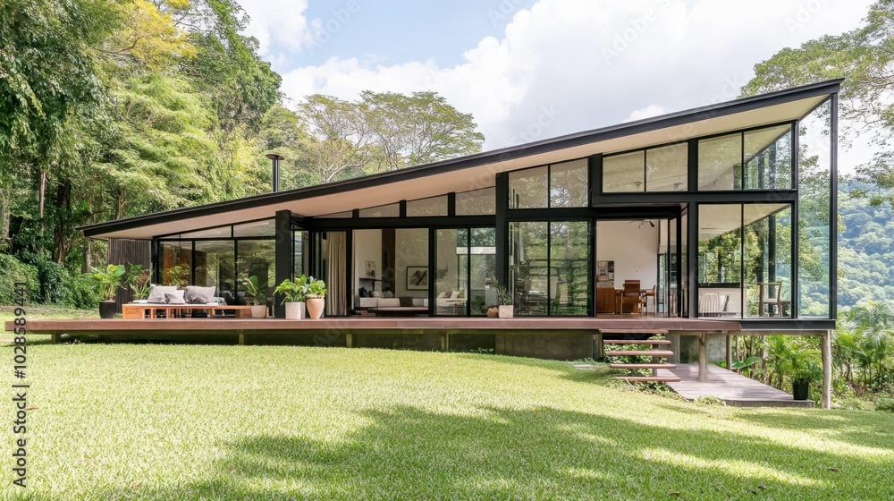 Modern Glass House Surrounded by Lush Greenery Modern Glass House Surrounded by Lush Greenery