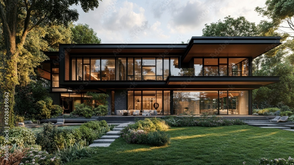 Modern House with Lush Landscape and Glass Architecture Modern House with Lush Landscape and Glass Architecture