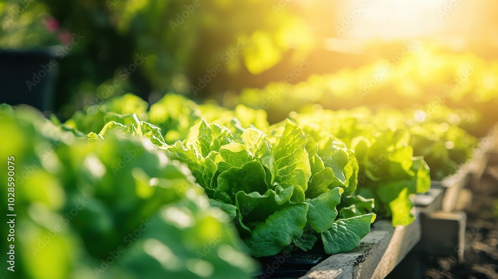 Lush green lettuce growing in a garden, illuminated by warm sunlight. Lush green lettuce growing in a garden, illuminated by warm sunlight.