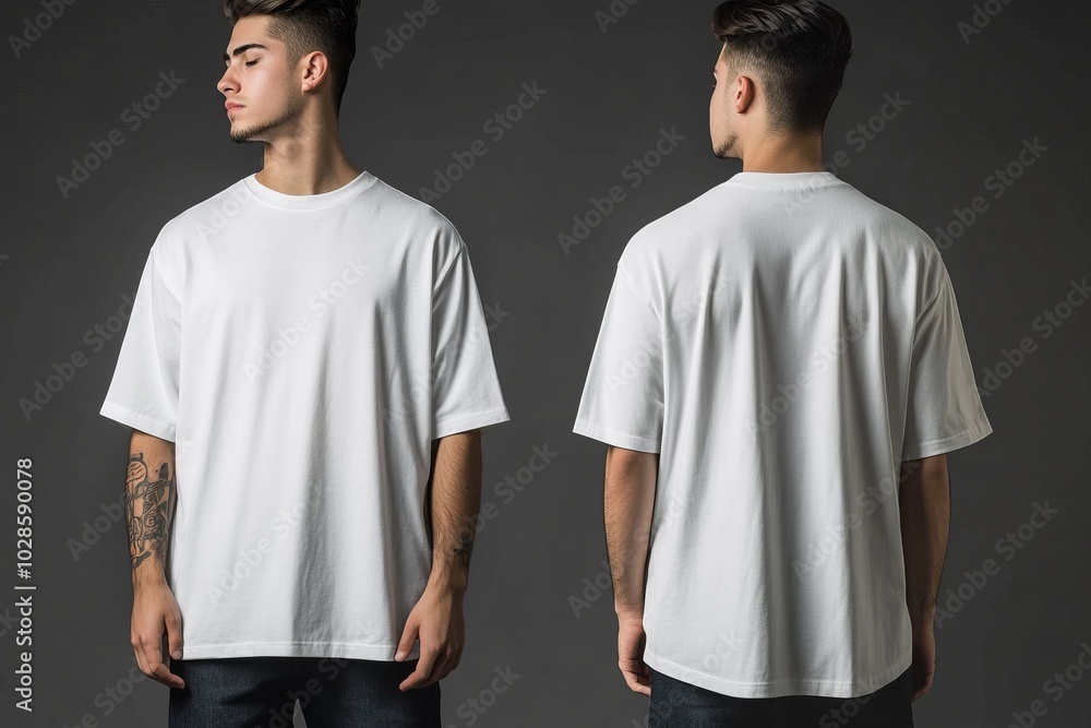 Oversized white T-shirt mockup front and back view on a male model. Oversized white T-shirt mockup front and back view on a male model.