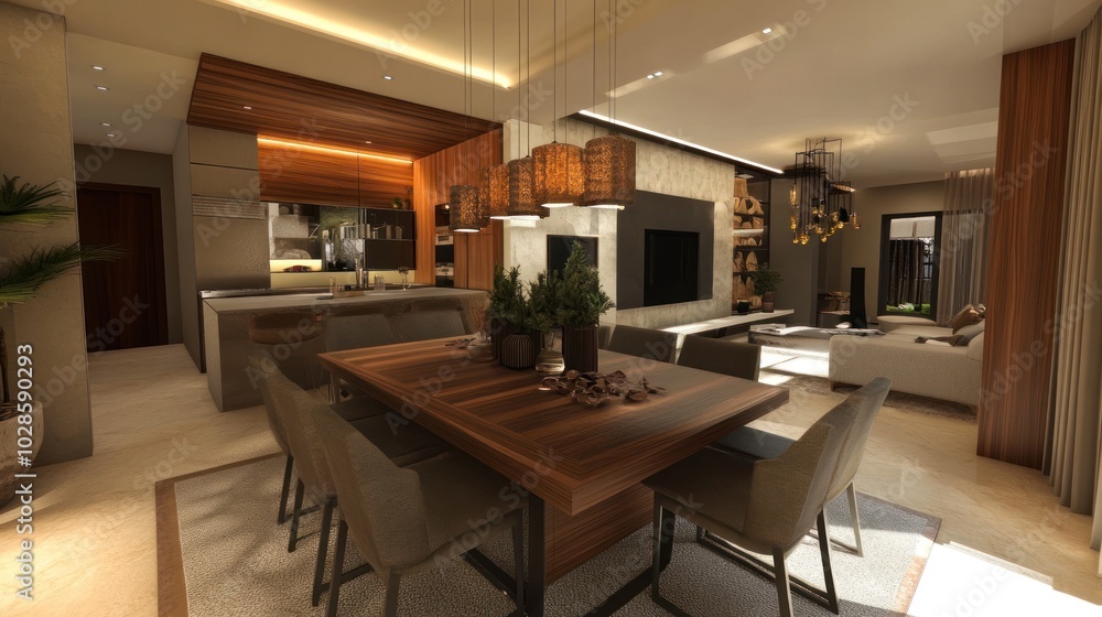 Modern dining room with wooden table and chairs Modern dining room with wooden table and chairs