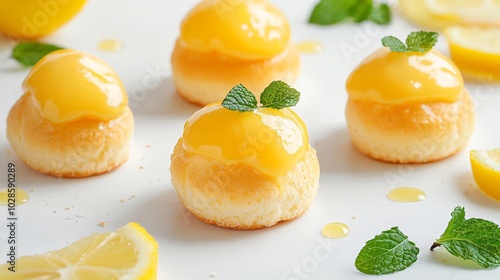 Mini brioche filled with lemon curd, isolated on a white background with decorative fresh lemon slices and mint sprigs photo