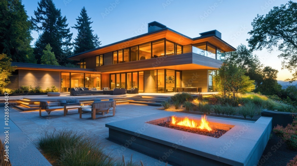 Fototapeta premium Modern Home With Outdoor Fire Pit at Dusk