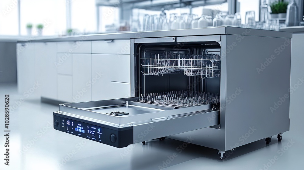 A commercial kitchen dishwasher machine with its door open A commercial kitchen dishwasher machine with its door open