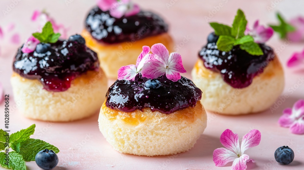 Mini brioche with blueberry jam, isolated on a soft pink background with decorative edible flowers and mint sprigs Mini brioche with blueberry jam, isolated on a soft pink background with decorative edible flowers and mint sprigs