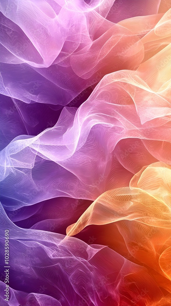 Obraz premium Abstract image of colorful tulle fabric flowing in the wind. The fabric is a blend of purple, pink, orange, and yellow, creating a beautiful and ethereal effect.