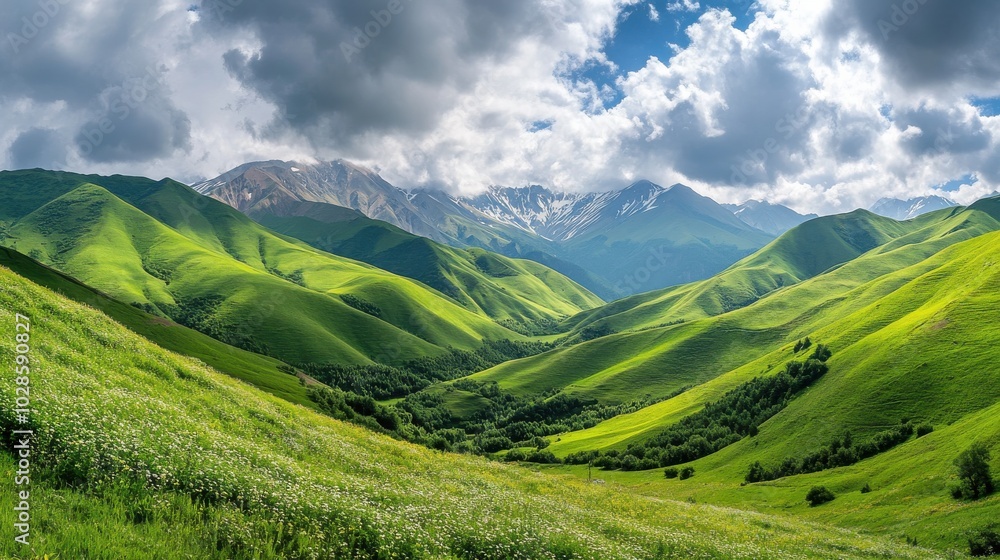 Lush green valleys and mountains under a dramatic sky, showcasing natural beauty. Lush green valleys and mountains under a dramatic sky, showcasing natural beauty.