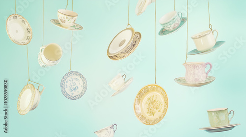 Floating Vintage Teacups on Pastel Background Hanging From Strings photo