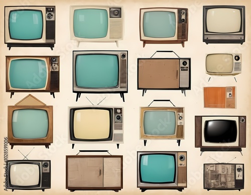 Vintage televisions lined up in a retro display showcasing old-school design and technology