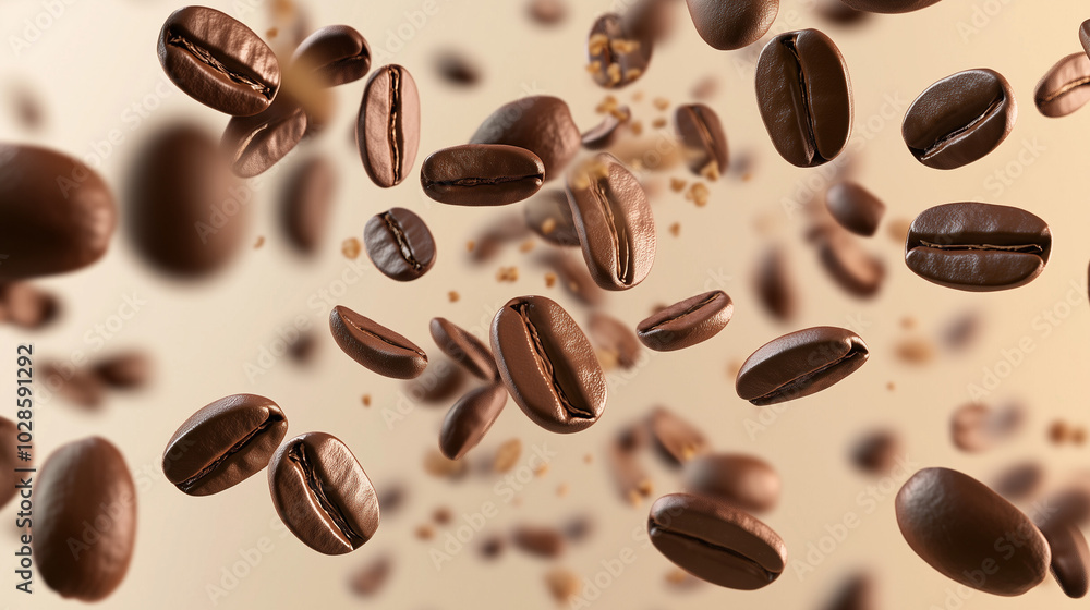 Fototapeta premium Falling Roasted Coffee Beans Surrounded By Motion Blur In Warm Tones