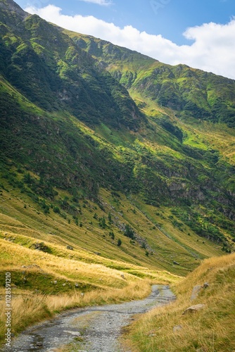 Scenic mountain path with lush green slopes and a clear blue sky in the background.