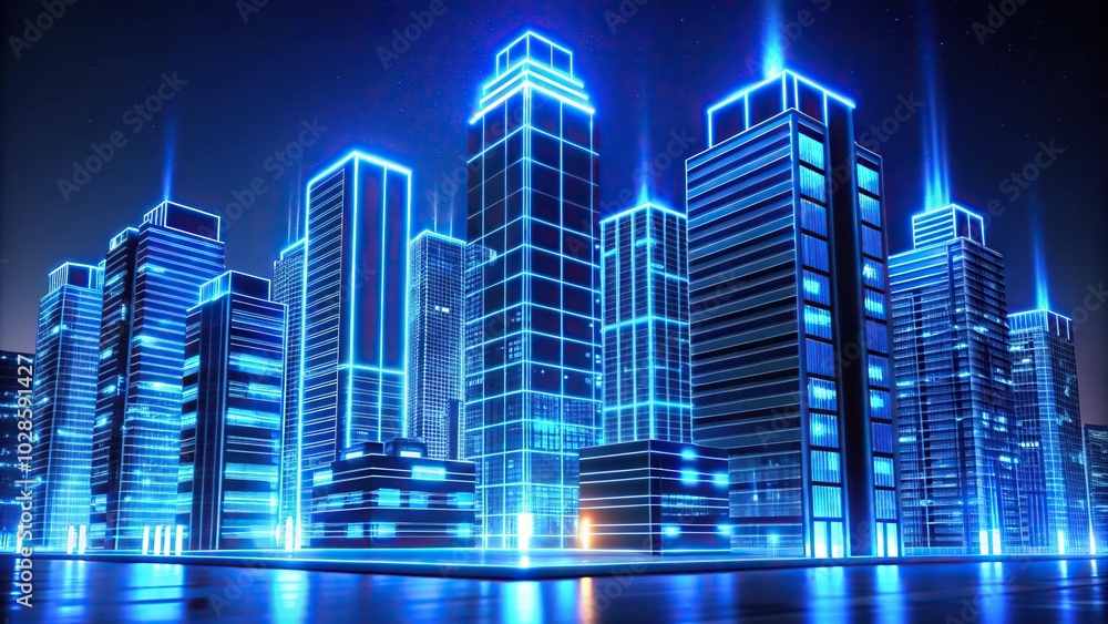 Neon buildings glow blue at night against dark background with leading lines Neon buildings glow blue at night against dark background with leading lines