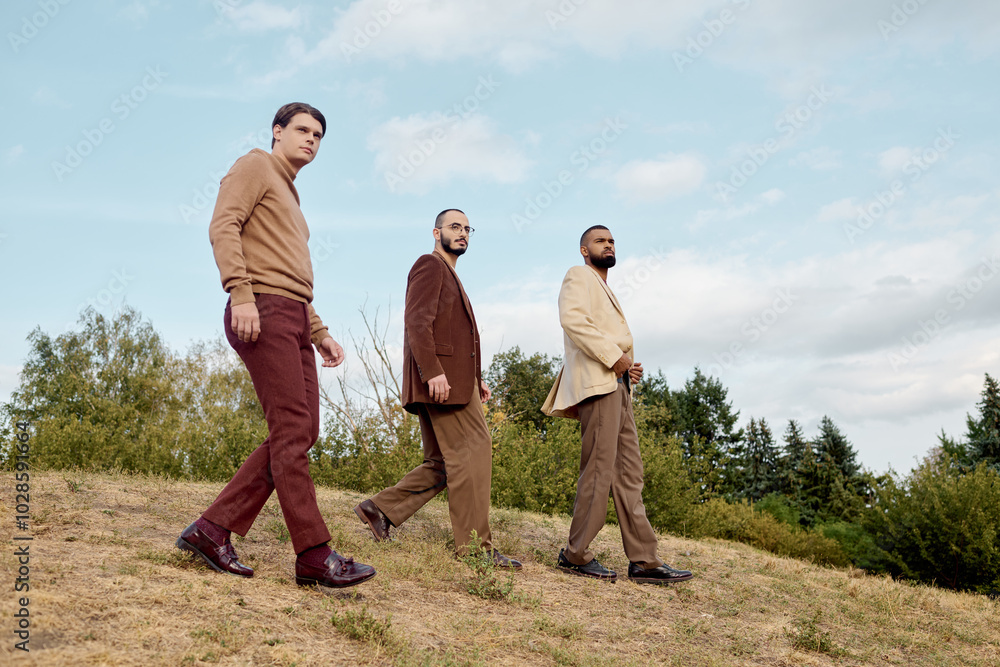 Three handsome men dressed in autumn attire stroll confidently through a beautiful field landscape. Three handsome men dressed in autumn attire stroll confidently through a beautiful field landscape.