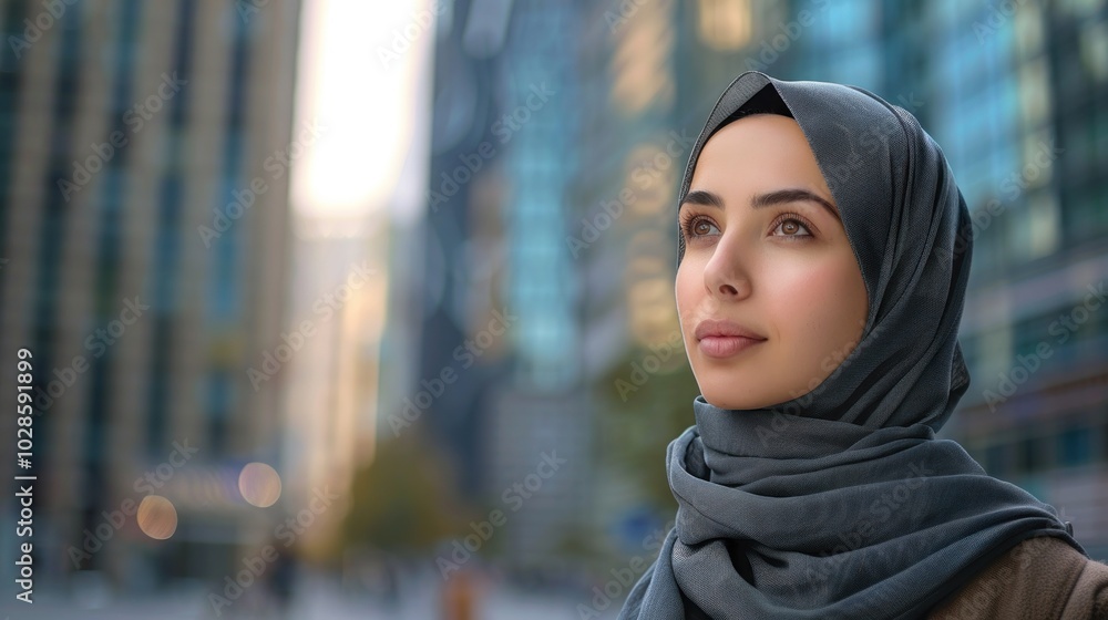 Beautiful Muslim girl in hijab, close-up shot, urban landscape in the background. Beautiful Muslim girl in hijab, close-up shot, urban landscape in the background.