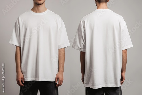 Oversized white T-shirt mockup front and back view on a male model.