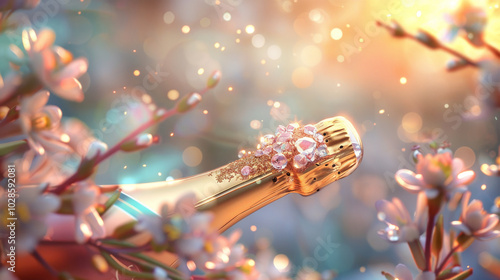 Elegant champagne bottle adorned with golden glitter, surrounded by blossoming flowers and shimmering light. perfect for celebrations, marketing materials, and festive promotions.