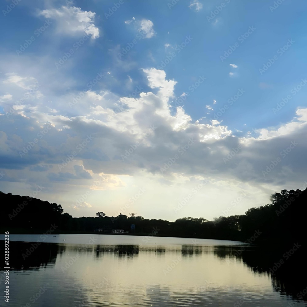 Tranquil lake at sunset with dramatic sky Tranquil lake at sunset with dramatic sky