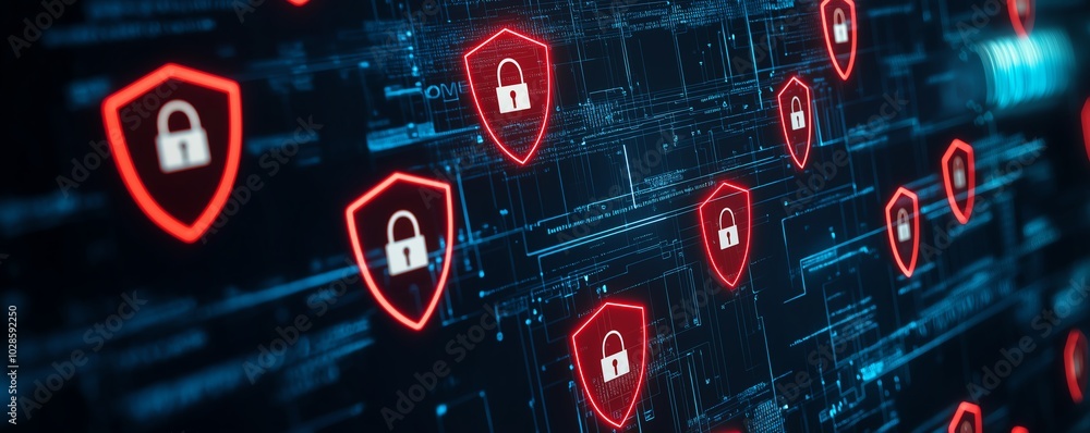 Digital illustration of cybersecurity with various shield icons, representing protection and data security in modern technology.