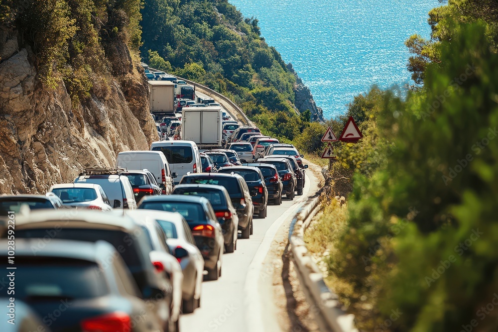 Country road jammed with tourist cars, locals frustrated by traffic delays. Country road jammed with tourist cars, locals frustrated by traffic delays.