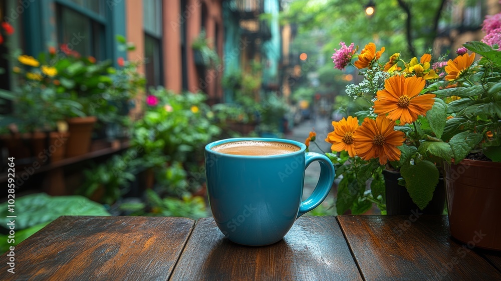 White coffee cup with a flowery pattern on the side sits on a wooden table. Cup is filled with coffee and is placed on a saucer. Coffee cup on the table outside on the balcony with many flowers around White coffee cup with a flowery pattern on the side sits on a wooden table. Cup is filled with coffee and is placed on a saucer. Coffee cup on the table outside on the balcony with many flowers around