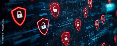 Obraz na płótnie Digital illustration of cybersecurity with various shield icons, representing protection and data security in modern technology. w salonie