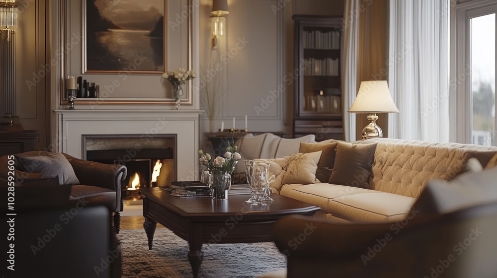 Luxurious Living Room with Fireplace and Couch Luxurious Living Room with Fireplace and Couch