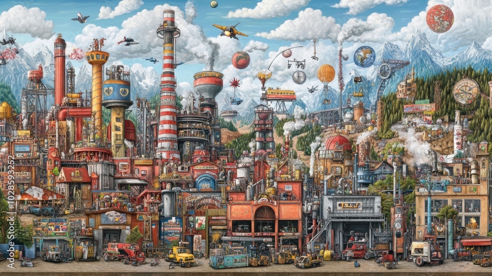 Colorful Industrial Landscape with Machines and Clouds Colorful Industrial Landscape with Machines and Clouds