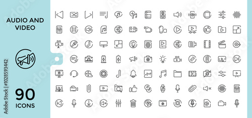 Audio and Video Icons set. Flat icon collection. Thin line icons pack. Simple outline icons. Editable and pixel perfect.