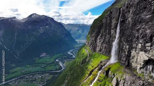 the Seven Sisters Waterfall flowing on mountain along the Geirangerfjorden in Stranda, Norway photo