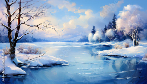 Fototapeta Naklejka Na Ścianę i Meble -  Abstract illustration of landscape with frozen lake and trees. Snowy coast. Oil painting with texture.