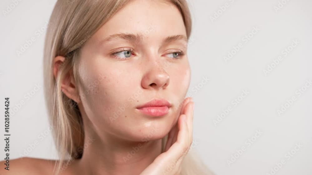 Young blonde woman posing at camera, touching shoulders and face skin, isolated on white studio background close up shot. Beauty skin care concept Young blonde woman posing at camera, touching shoulders and face skin, isolated on white studio background close up shot. Beauty skin care concept