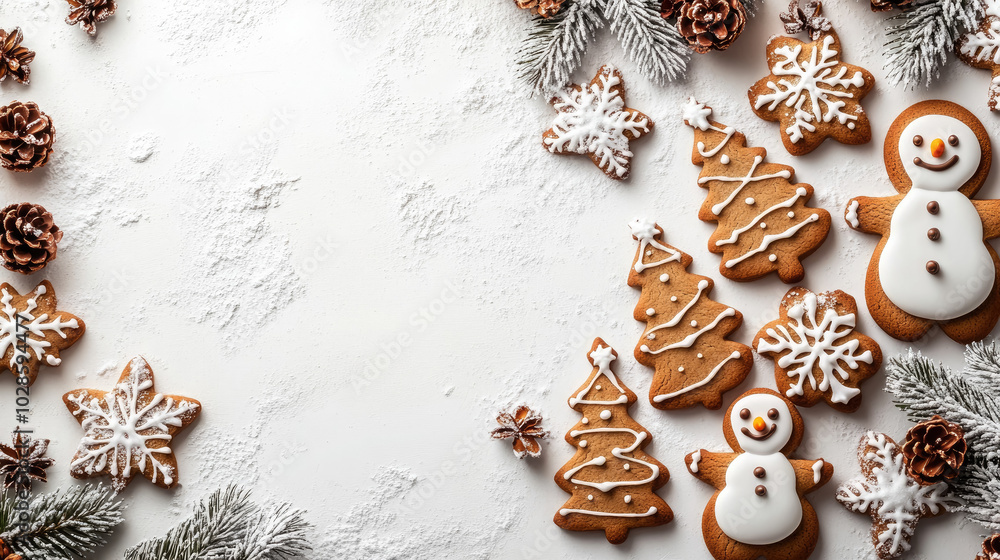 Fototapeta premium frame of Christmas gingerbread cookies in the form of trees and snowmen lie on a white background, empty white space in the middle of the image