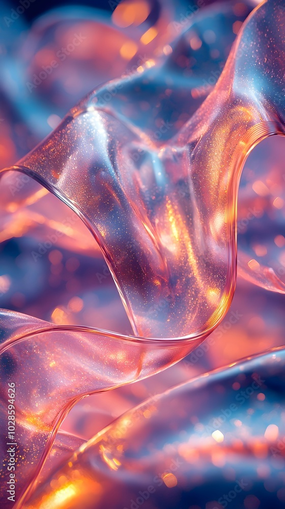 Obraz premium Abstract close-up of translucent flowing ribbon with shimmering light and blurred bokeh background.