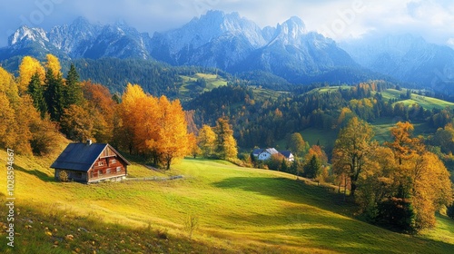 Wallpaper Mural A Rustic Cabin Nestled in a Valley Surrounded by Autumnal Trees and Snow-Capped Mountains Torontodigital.ca