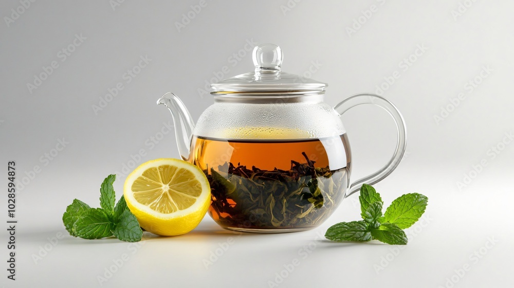 Green tea in a glass pot, isolated on a white background with decorative lemon slices and fresh mint leaves Green tea in a glass pot, isolated on a white background with decorative lemon slices and fresh mint leaves