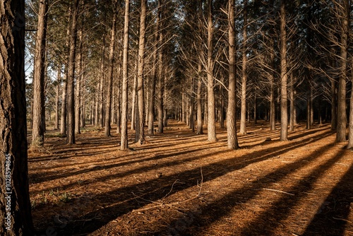 Fototapeta Naklejka Na Ścianę i Meble -  Sunlit forest with tall trees casting long shadows on the ground