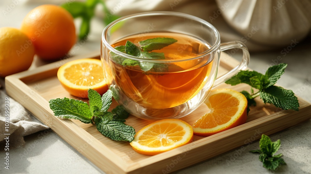 Green tea in a glass teacup, isolated on a light wooden tray with decorative citrus slices and mint sprigs Green tea in a glass teacup, isolated on a light wooden tray with decorative citrus slices and mint sprigs
