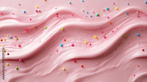 A vibrant pink frosting with colorful sprinkles, creating a textured, wavy pattern that adds a playful touch to desserts.