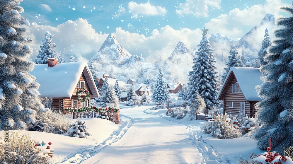 Naklejka premium Snowy Mountain Village with Log Cabins and a Winding Path