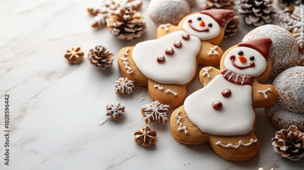 frame of Christmas gingerbread cookies in the form of trees and snowmen lie on a white background, empty white space in the middle of the image frame of Christmas gingerbread cookies in the form of trees and snowmen lie on a white background, empty white space in the middle of the image