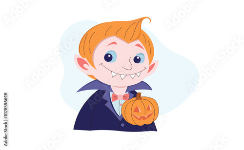 A quirky pumpkin-headed character with bat wings and a suit, surrounded by pumpkins and stars, creating a fun Halloween scene.