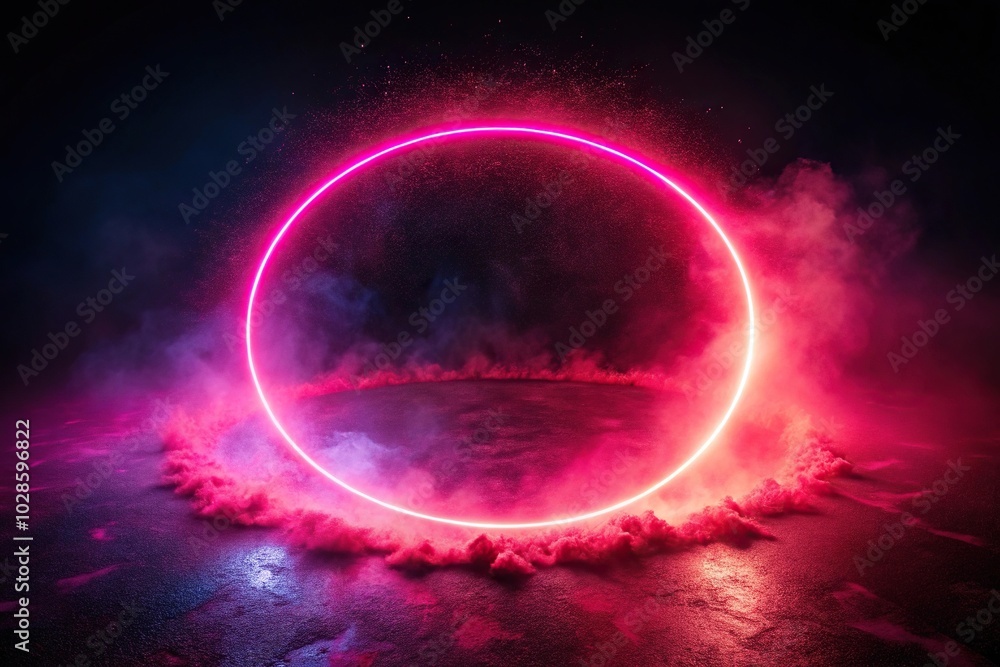 Obraz premium Neon pink glowing circle on ground with mist and red particles floating around