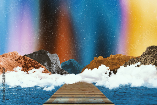 Beautiful surreal matte painting landscape with mountains in nordic mood. Northern polar lights night. Wooden pier in front of coastline.