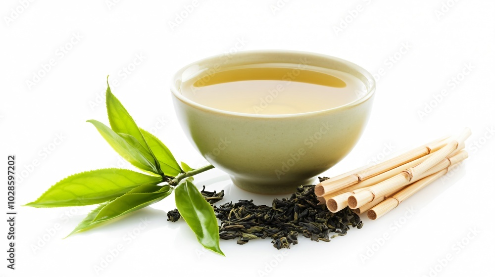 Steaming cup of green tea, isolated on a white background with decorative tea leaves and bamboo sticks Steaming cup of green tea, isolated on a white background with decorative tea leaves and bamboo sticks