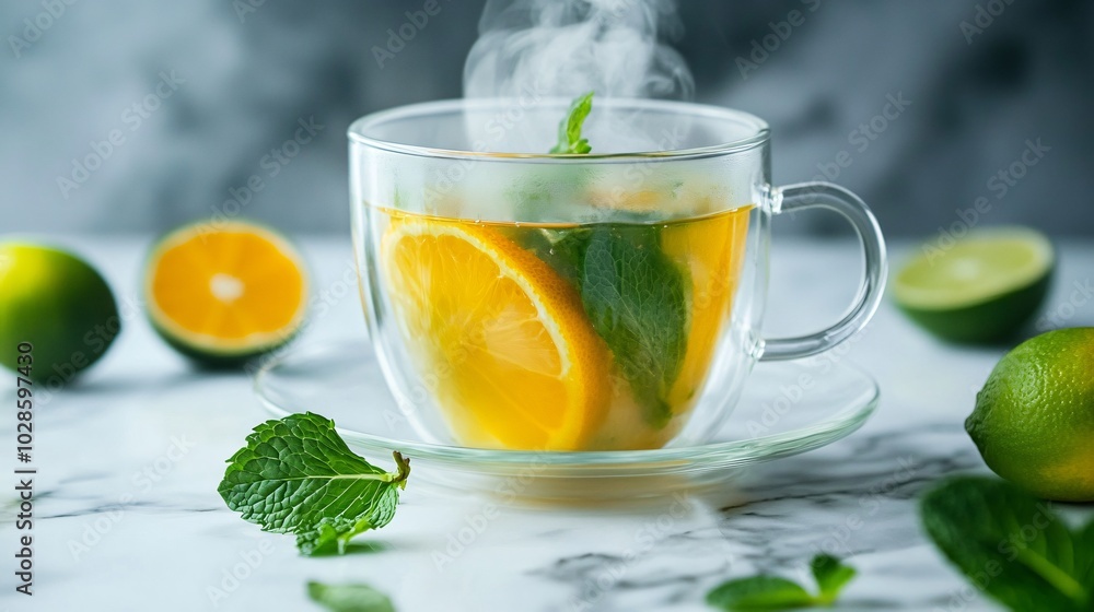 Steaming green tea with citrus, isolated on a white marble background with decorative slices of lime and fresh mint