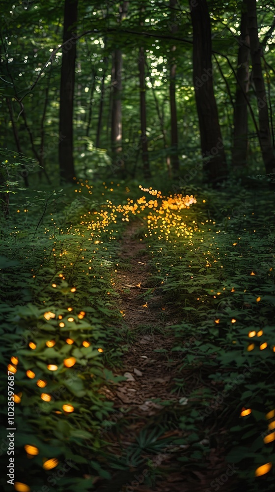 Magical fireflies lighting up forest pathway Magical fireflies lighting up forest pathway