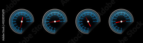 Speedometer vector set. Speedometers with needles at various speeds
