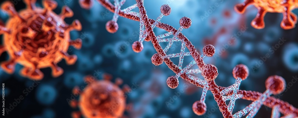 Microscopic view of DNA strands and viruses in blue background. Microscopic view of DNA strands and viruses in blue background.