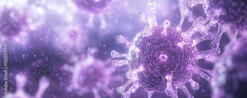 Microscopic view of a virus in vibrant purple and blue tones on a blurred background.